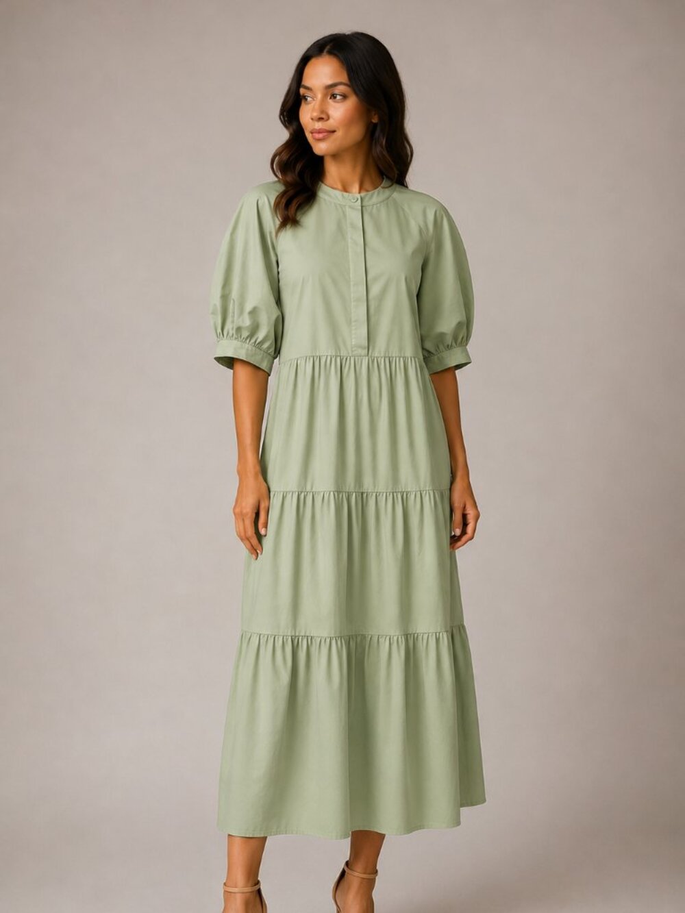 English Factory Sage Green Tiered Puff Sleeve Cotton Midi Dress M Cottagecore